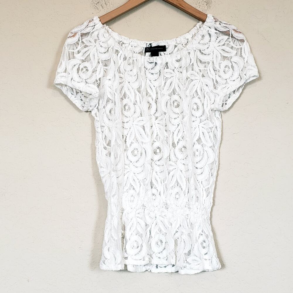 INC International Concepts White Lace Top Blouse Sheer Women's X-Small Petite‎